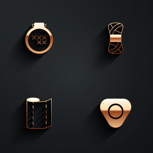 设置圆形可调绣花箍，纱线，纺织面料卷和缝纫粉笔图标长阴影。向量图片下载