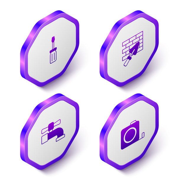 集等距螺丝刀，砖墙与镘刀，水龙头和轮盘赌建设图标。紫色六边形按钮。向量图片下载