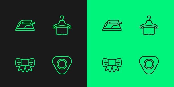 集线缝纫粉笔，礼品弓，电熨斗和衣架衣柜图标。向量图片下载