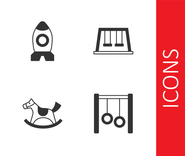 设置体操戒指，火箭船玩具，马马鞍秋千和秋千为孩子们的图标。向量图片下载