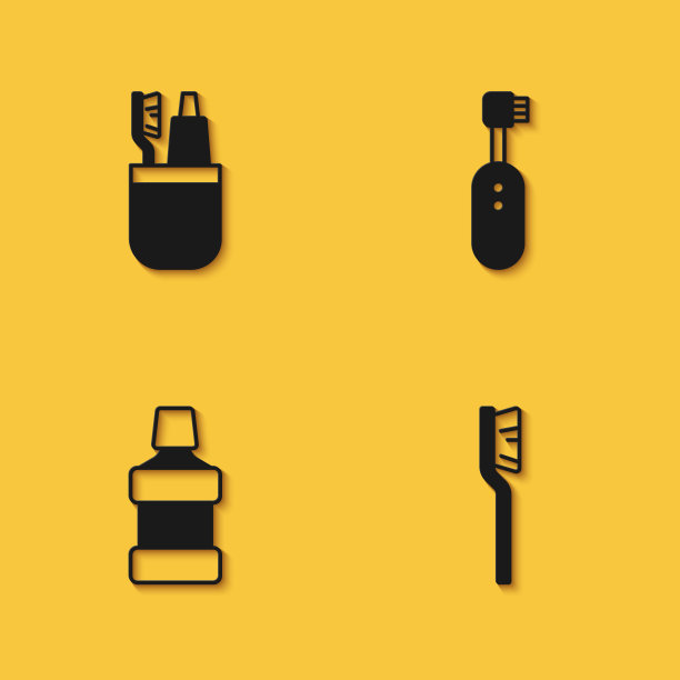 设置牙刷和牙膏，漱口水和电动牙刷图标长阴影。向量图片下载