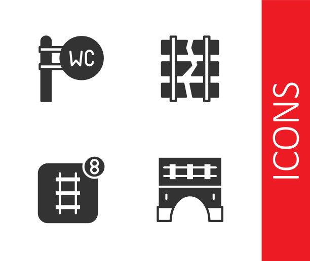 设置桥的火车，厕所，在线订票和破碎的裂纹铁路图标。向量图片下载