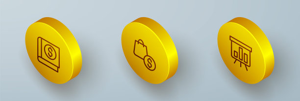 设置等距线财务书，购物袋和美元和董事会与图表图标。向量图片下载