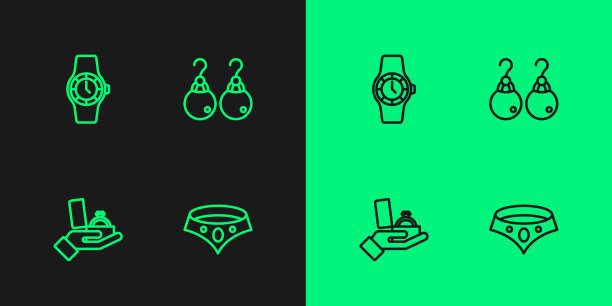 套线项链，钻石订婚戒指在盒子里，手表和耳环图标。向量图片下载