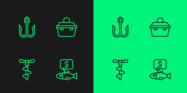 设定线价格标签的鱼，手钻，鱼钩和盒钓鱼设备图标。向量图片下载