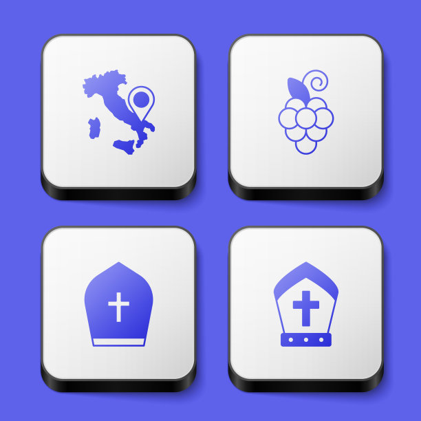 集地图意大利，葡萄水果，教皇帽子和图标。白色方形按钮。向量图片下载