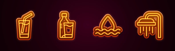 水杯、玻璃瓶、水滴和淋浴组合霓虹灯icon图片下载
