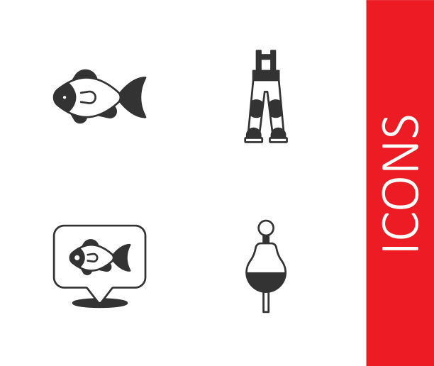 设置钓鱼浮子，位置钓鱼和渔民裤子图标。向量图片下载