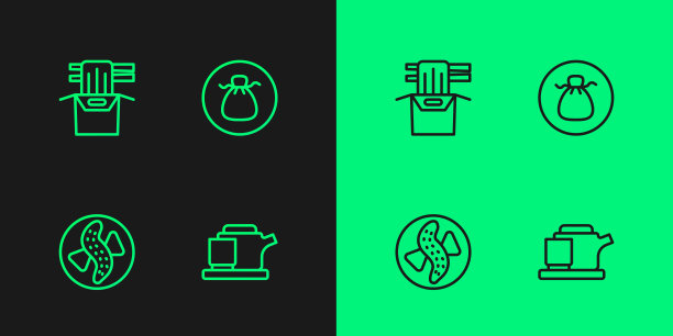 传统茶道，上黄瓜盘，纸盒亚洲面，馄饨图标。向量图片下载