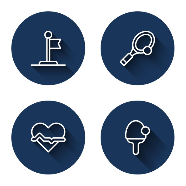 设置线旗，带球网球拍，心率和长阴影球拍。蓝色圆圈按钮。向量图片下载