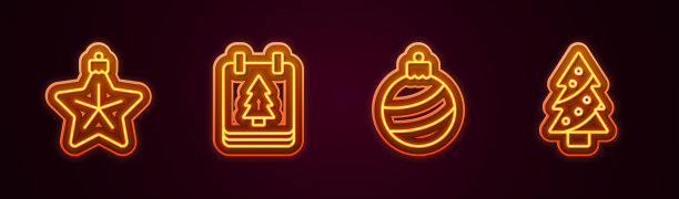 设置好圣诞星星，日历，球和圣诞树。发光的霓虹灯图标。向量图片下载