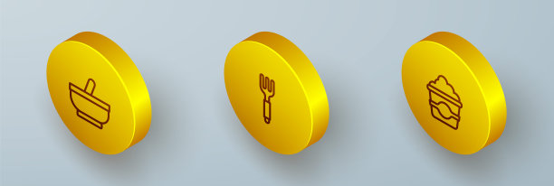 设置等距线臼和杵，叉子和爆米花在纸箱图标。向量图片下载