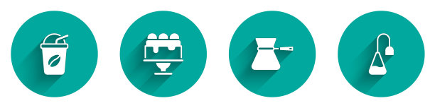 集冰咖啡，蛋糕，咖啡土耳其和茶包图标长阴影。向量图片下载