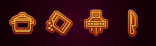 设置线烹饪锅，辣椒包，厨房抽风机和刀。发光的霓虹灯图标。向量图片下载