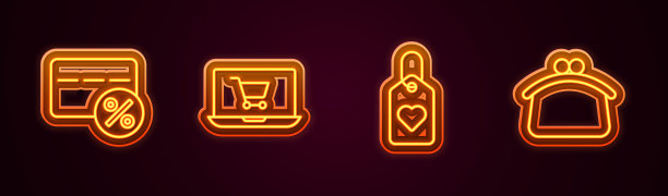 设置线折扣卡与百分比，购物车在屏幕上的笔记本电脑，心脏标签和钱包。发光的霓虹灯图标。向量图片下载
