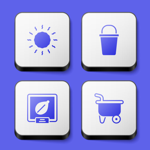 日落，桶，特定植物的种子和手推车图标。白色方形按钮。向量图片下载