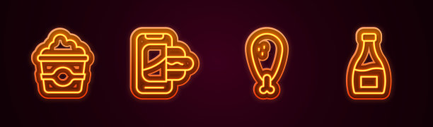 设纸箱爆米花，手机订餐，鸡腿，酱汁瓶。发光的霓虹灯图标。向量图片下载