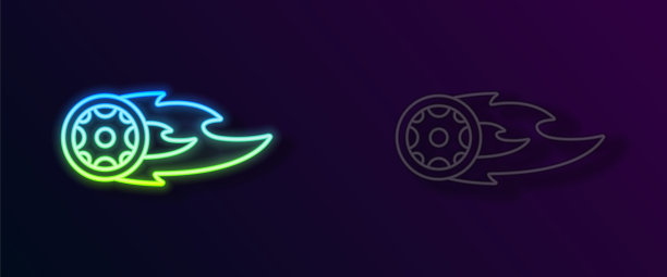 发光的霓虹灯线车轮在火火焰图标孤立的黑色背景。燃烧的轮胎。向量图片下载