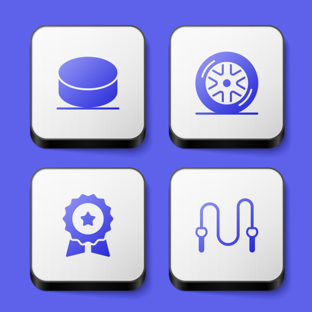 设置冰球，汽车车轮，奖牌与明星和跳绳图标。白色方形按钮。向量图片下载