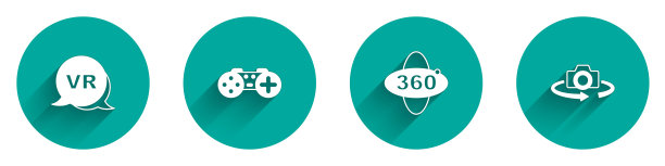 设置虚拟现实，手柄，360度视图和长阴影图标。向量图片下载