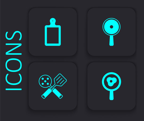 将煎鸡蛋放在煎锅、菜板、煎锅和抹刀图标上。黑色方形按钮。向量图片下载