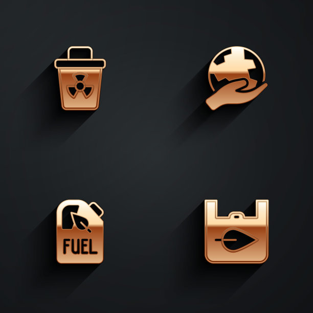 设置传染性废物，手持地球仪，生物燃料罐和购物袋与回收图标长阴影。向量图片下载