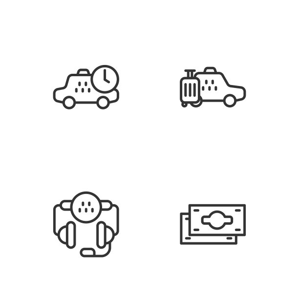 设置线堆栈纸币现金，出租车呼叫电话服务，等待时间和汽车图标。向量图片下载