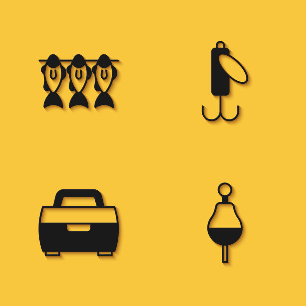 集干鱼，钓鱼浮子，案件或盒子为钓鱼设备和诱饵图标长阴影。向量图片下载