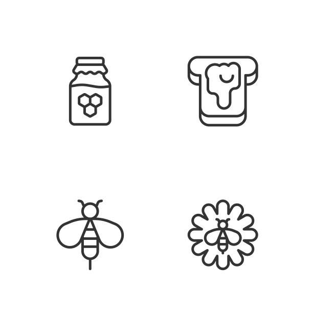 设线蜜蜂在花上，一罐蜂蜜和面包与图标。向量图片下载