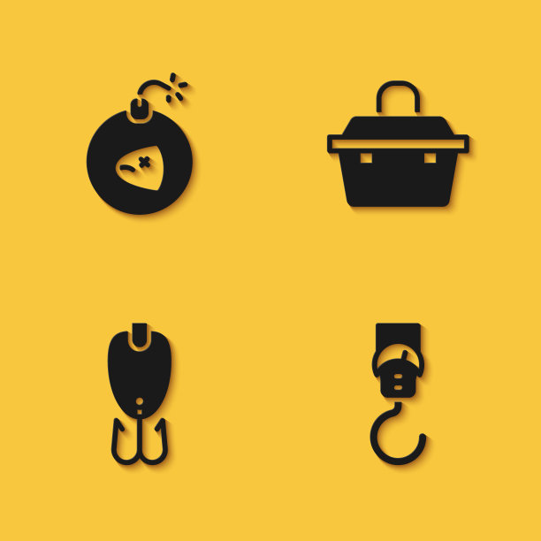 集炸弹，弹簧规模，鱼饵和案件或盒子的钓鱼设备图标长阴影。向量图片下载