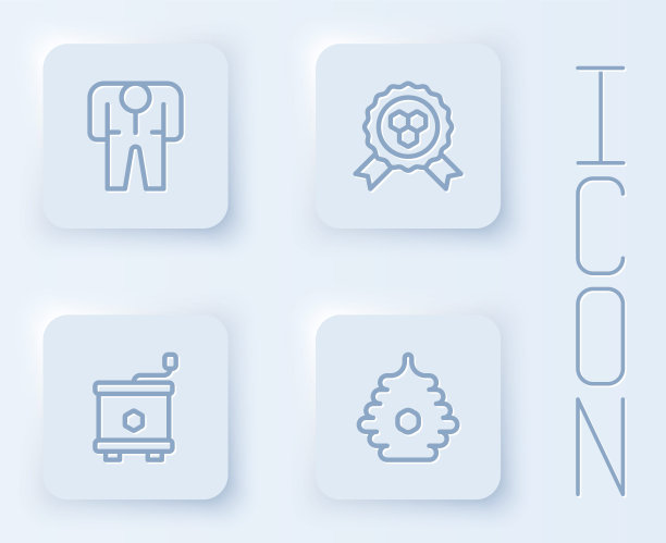 设置线养蜂人服装，蜂蜜奖，提取器和蜂箱为蜜蜂。白色方形按钮。向量图片下载