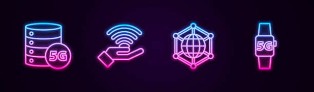 设置线路服务器5G网络，社交和智能手表。发光的霓虹灯图标。向量图片下载