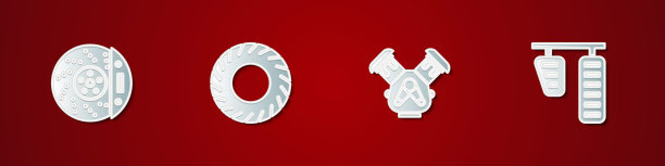 设置汽车制动盘与卡钳，轮胎，发动机和汽油和踏板图标。向量图片下载