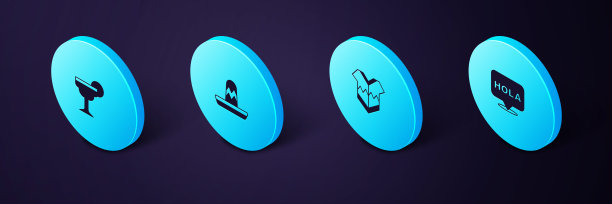 集等距Hola，斗篷，墨西哥宽边帽和玛格丽塔鸡尾酒图标。向量图片下载