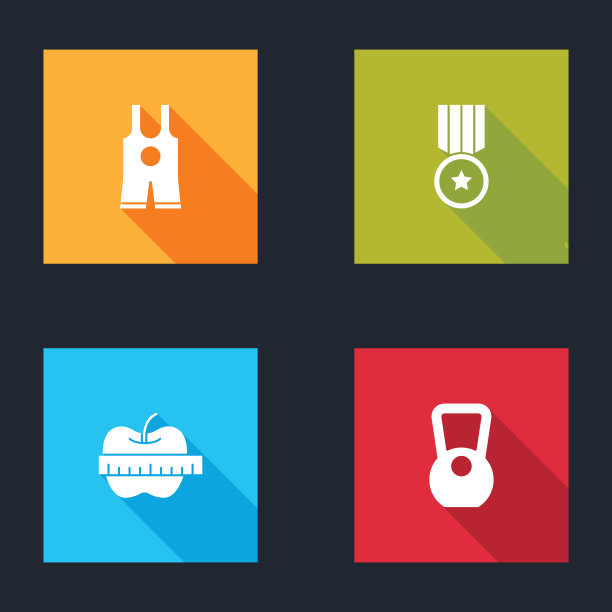 集摔跤单衣，奖牌，苹果和测量磁带和壶铃图标。向量图片下载