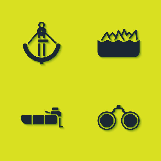 设置锚，双筒望远镜，充气船与马达和尖锐的石礁图标。向量图片下载