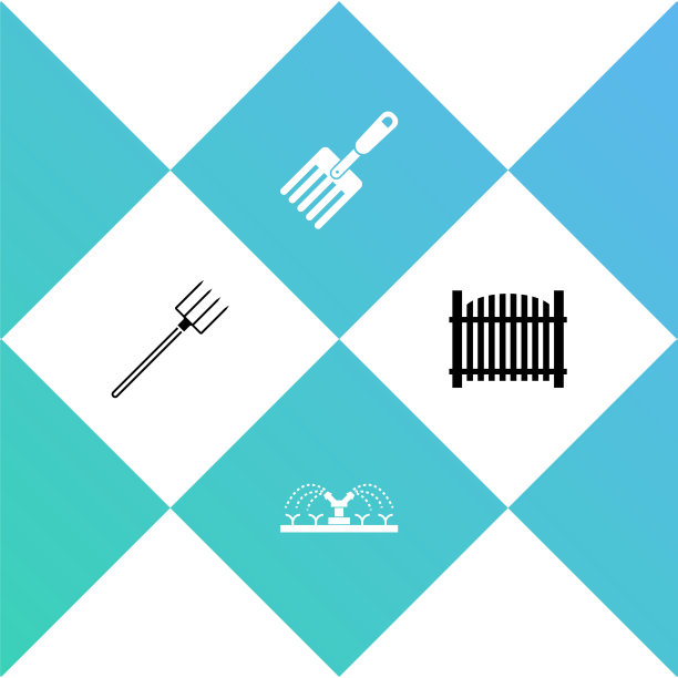 设置花园干草叉，自动灌溉洒水器和围栏图标。向量图片下载