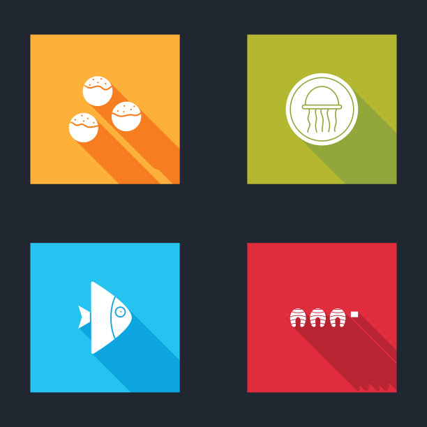 设置章鱼烧，水母盘，鱼和烤牛排图标。向量图片下载