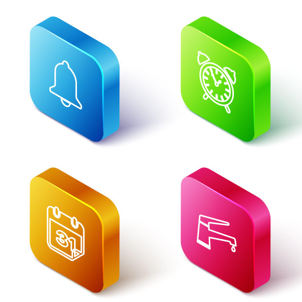 设置等距线响铃，闹钟，日历和水龙头图标。向量图片下载