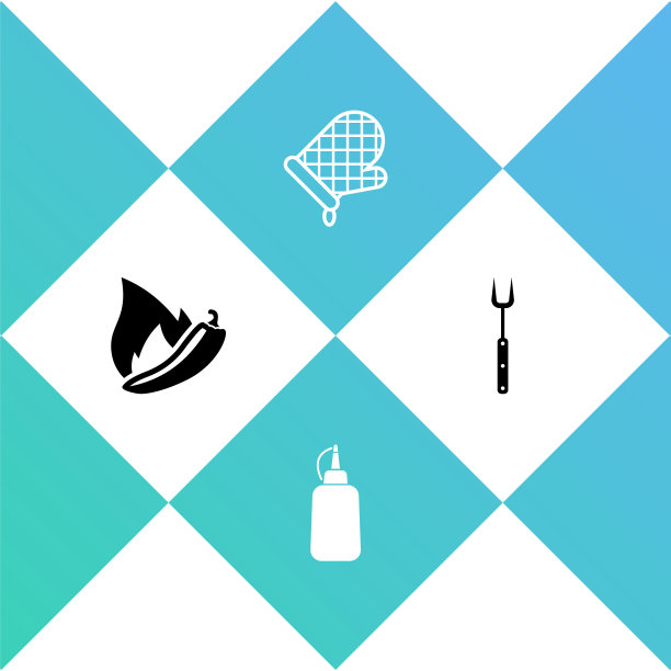 设置辣椒荚，芥末瓶，烤箱手套和烧烤叉图标。向量图片下载