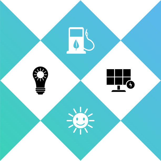 设置太阳能面板，可爱的太阳与微笑，生物燃料加油喷嘴和图标。向量图片下载