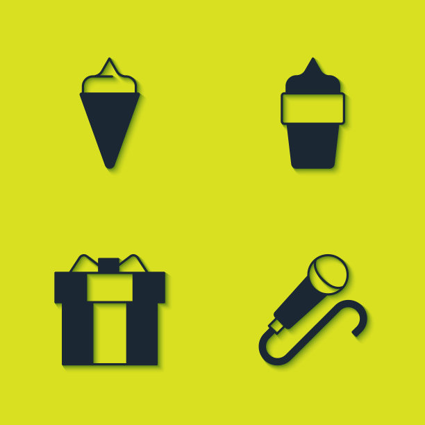 设置冰淇淋在华夫蛋筒，麦克风，礼盒和图标。向量图片下载