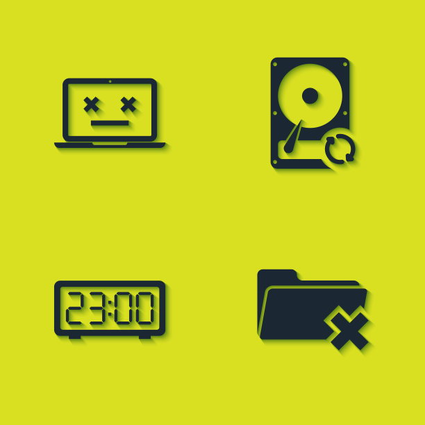 设置死亡笔记本电脑，删除文件夹，数字闹钟和硬盘驱动器HDD同步刷新图标。向量图片下载
