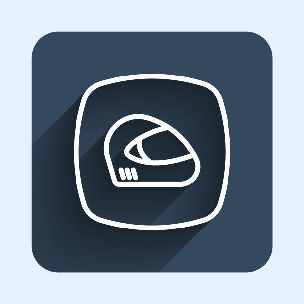 白线赛车头盔图标孤立与长阴影背景。极限运动。运动设备。蓝色方形按钮。向量图片下载