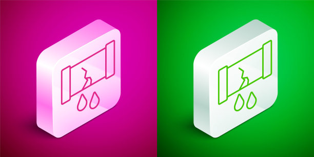 油管破裂，阀门图标隔离在粉红色和绿色背景上。银色方形按钮。向量图片下载