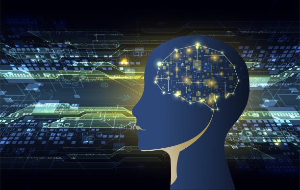 人工智能。技术背景和一个男人的剪影。大数据概念。机器网络思维。图片下载