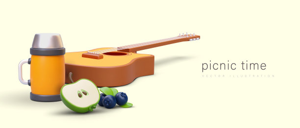 野餐时间。3D吉他，保温瓶，新鲜蓝莓，切片苹果图片下载