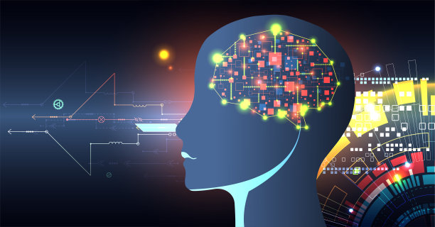 人工智能。技术背景和一个男人的剪影。大数据概念。机器网络思维。图片下载