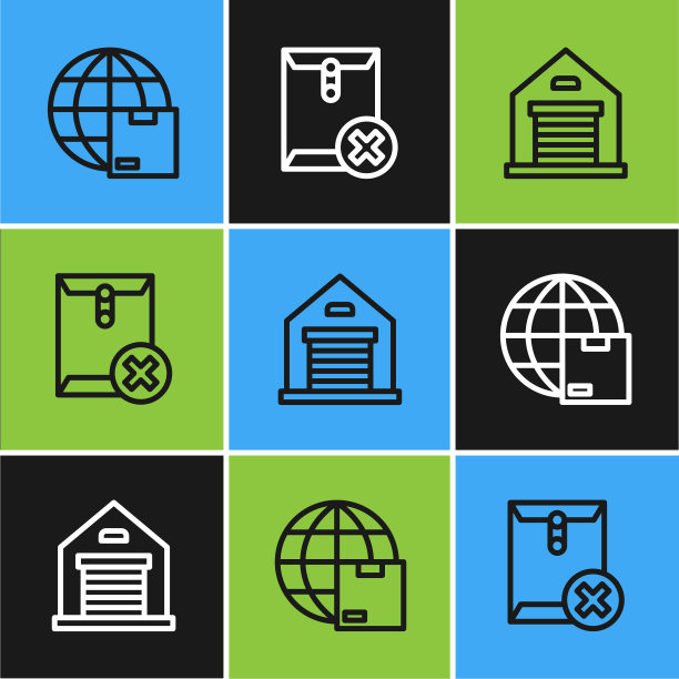 设置线全球航运，仓库和删除信封图标。向量图片下载