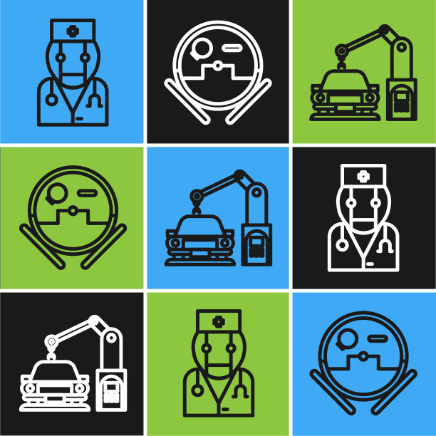 集线机器人医生，工业机器，机器人手臂手和机器人吸尘器图标。向量图片下载